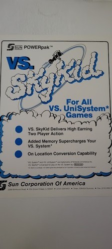 Flyer  SUN CORP.   VS. SKY KID  Arcade Video Game advertisement original see pic