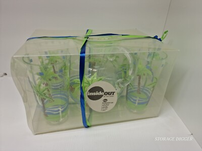 Vintage Inside Out by the Cellar Drinkware Set 21 Pc Palm Tree Pitcher & Glasses