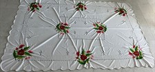 Bright Red/Pink Colors Embroidered floral scalloped border tablecloth 92 x 58