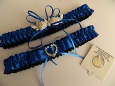 BLUE WEDDING GARTER SET - BEADED LACE MOTIFS AND RHINESTONE HEART -SIXPENCE