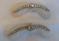 Vtg Celluloid Feather Clear Rhinestone Shoe Foor Buckle Clips Set Super Rare