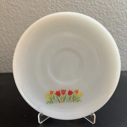 Vintage Anchor Hocking Fire King Painted Tulip Pattern Milk Glass Saucer Plate