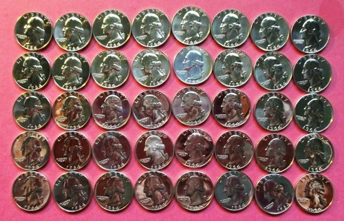 1964 FULL ROLL OF 40 SILVER PROOF WASHINGTON QUARTERS.  STUNNING