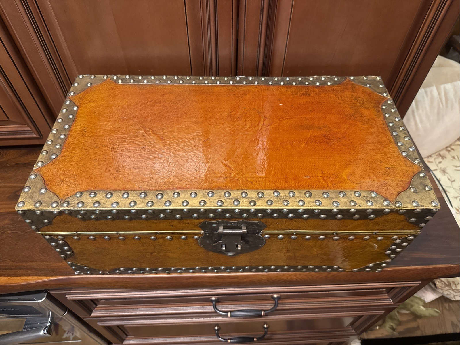 Vintage Faux Brown Camel Leather Trunk Chest Sudden Metal Corners 