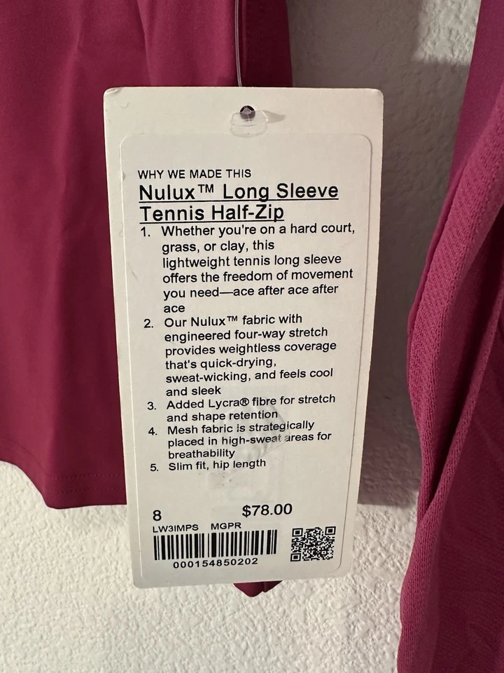 Tenis de manga larga para mujer Lululemon Nulux media cremallera. Púrpura magenta, talla 8 Foto 3 de 4