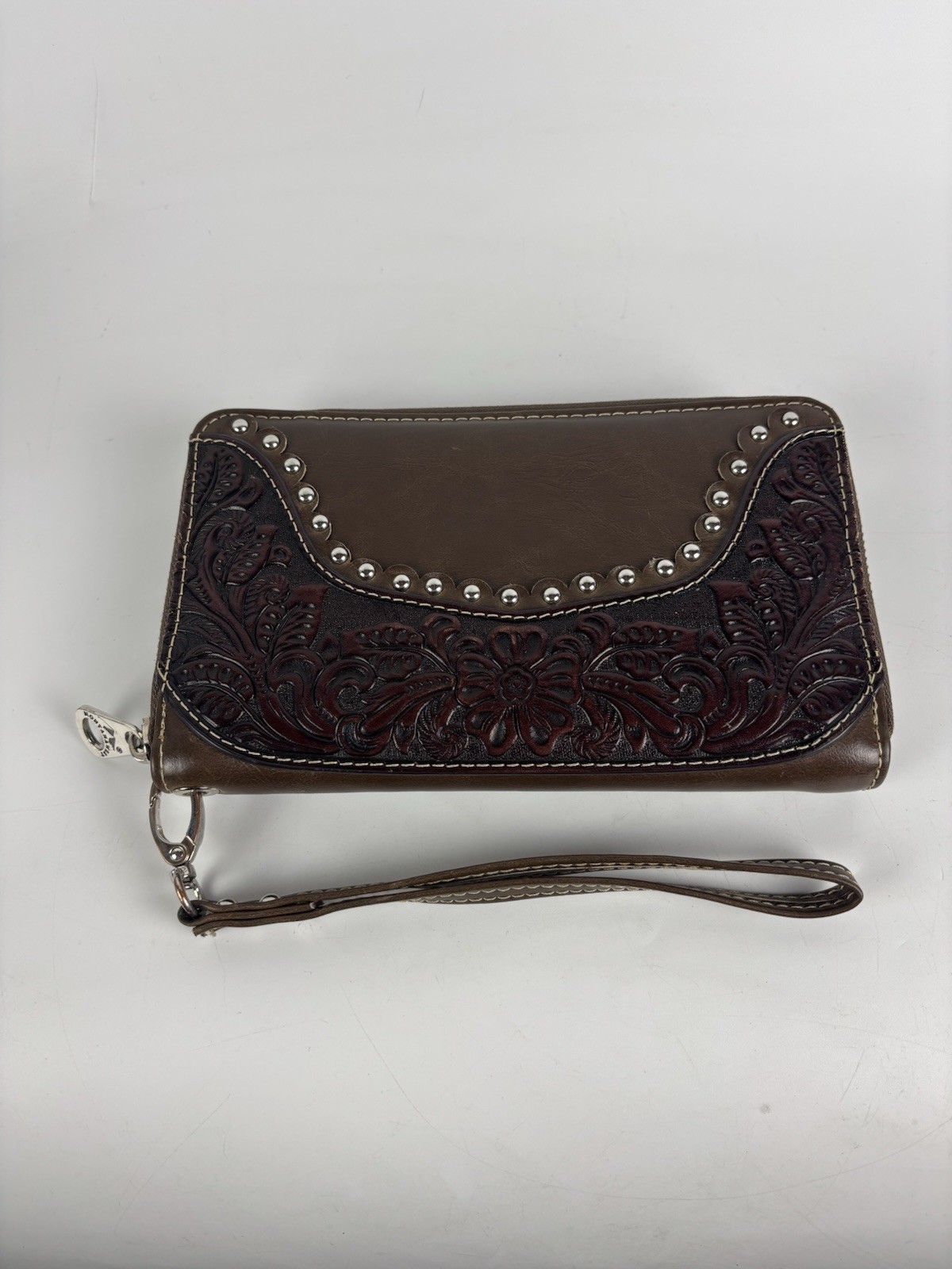Montana West Brown Floral Studded Vegan Leather Wristlet Wallet with Zip Closure  