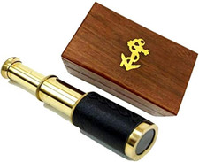 6" Brass Handheld Telescope with Wooden Box - Pirate Navigation with Anchor Wood