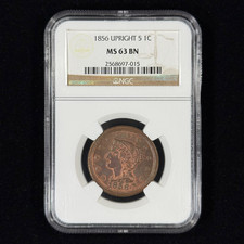 1856 1C MS63 BN NGC Upright 5 Braided Hair Large Cent - Nice Coin Looks RB