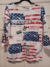 Collectibles Etc Women's Patriotic Top Size M Red White Blue 3/4 Sleeve Pullover