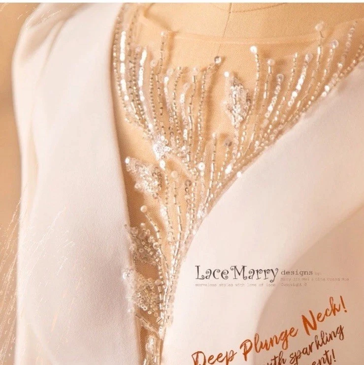 Lace Marry Wedding Dress Longsleeve Beading Low Lace-up Back Size 8 Size 10 - Image 3 of 4