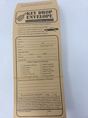 Key Drop Envelopes After Hours Auto Service 4.125 x9.5  Secure Seal 70 Pcs