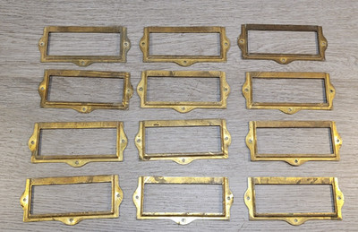 File Drawer ID Frame Cabinet Label Card Catalog Tag Holder Solid Brass 12 Vintag