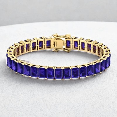 6 Ct Baguette Simulated Sapphire 925 YellowSterling Silver Women Tennis Bracelet