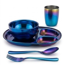 Ahimsa Mindful Mealtime Set Stainless Steel Kids Dinnerware Iridescent Blue New