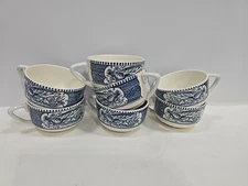 Currier and Ives Royal Blue Tea Cup Vintage Horse & Carriage Set of 7 Free S&H