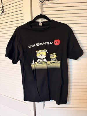 Fruit of the Loom HD Cotton Sushi Master Cat Graphic Print T-Shirt Black Men's M