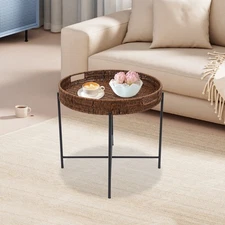 Foldable Braided Round Side Table w/Removable Tray, Imitation Rattan End Table