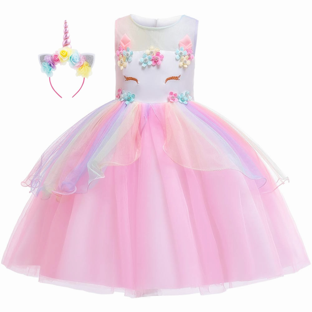 Disfraz de princesa unicornio para niñas y diadema de cuerno para fiesta de cumpleaños elegante