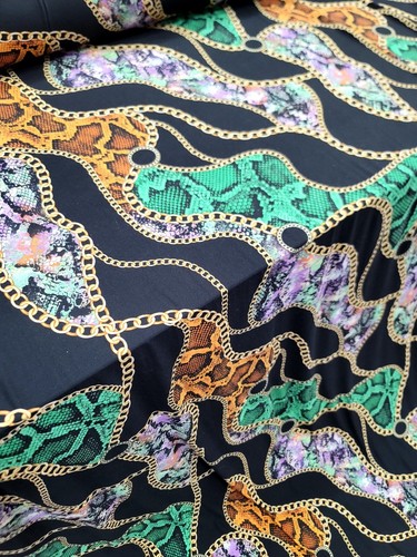 Snake print, Animal print, Jersey Knit Fabric. GREEN ORANGE STRETCH FABRIC Black - Picture 10 of 12