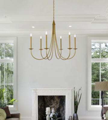 Large Chandelier Farmhouse Brass Color Ceiling Lighting 6 Light Fixture 42''