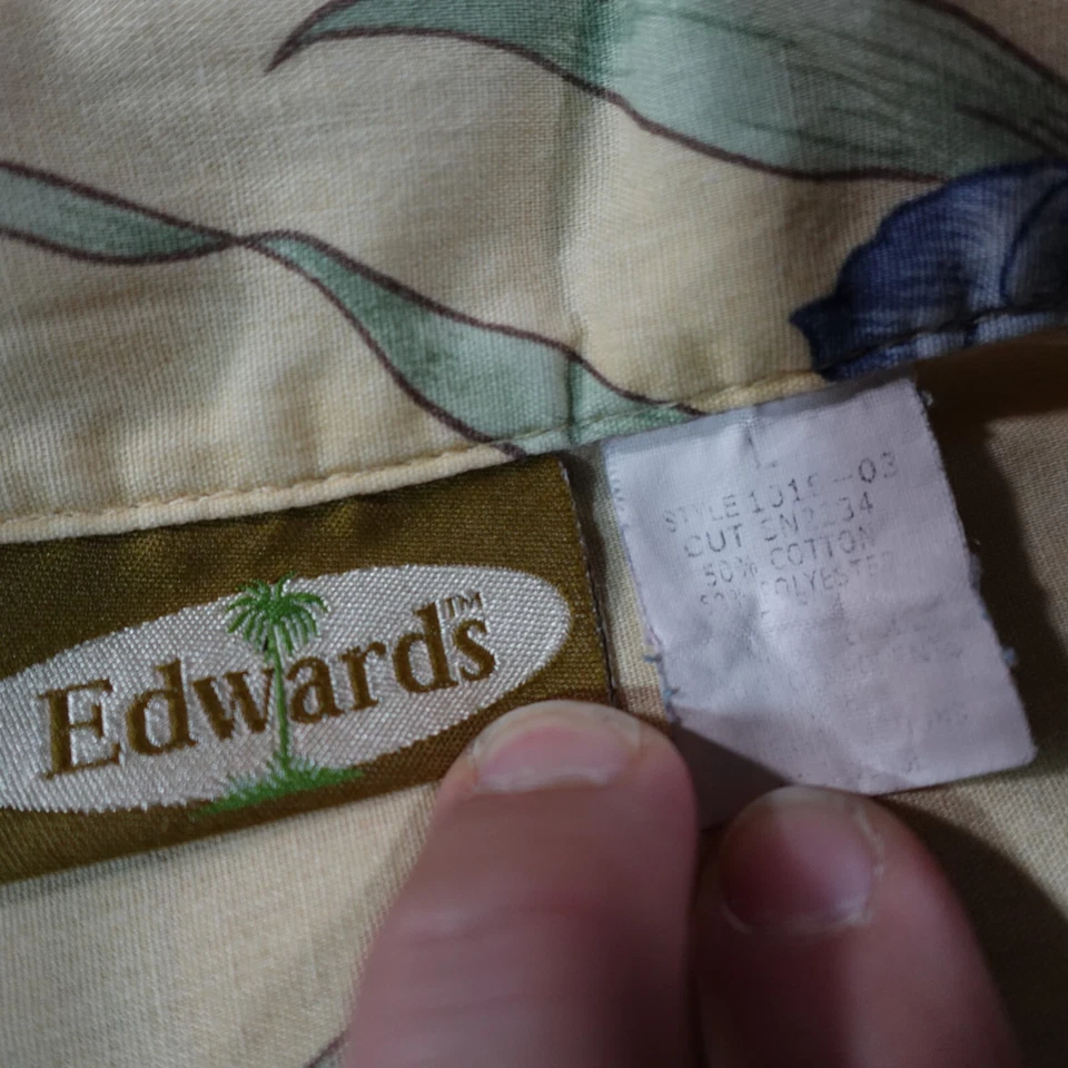 Camisa masculina vintage Edwards L amarela havaiana botão acampamento mistura de algodão EUA 13393 - Imagem 4 de 4