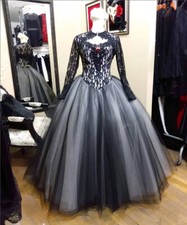 Black White Gothic Prom Dresses Lace Applique Pleated Puffy Detachable Shawl 