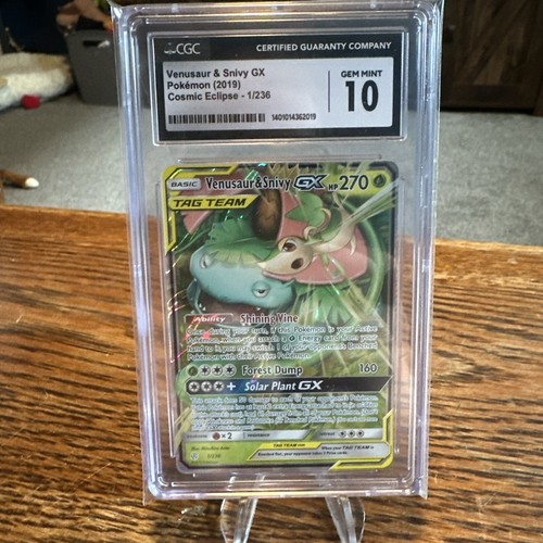 ULTRA RARE Venusaur & Snivy GX Tag Team Pokemon Card - 1/236 Cosmic Eclipse Holo (Lightly Played)