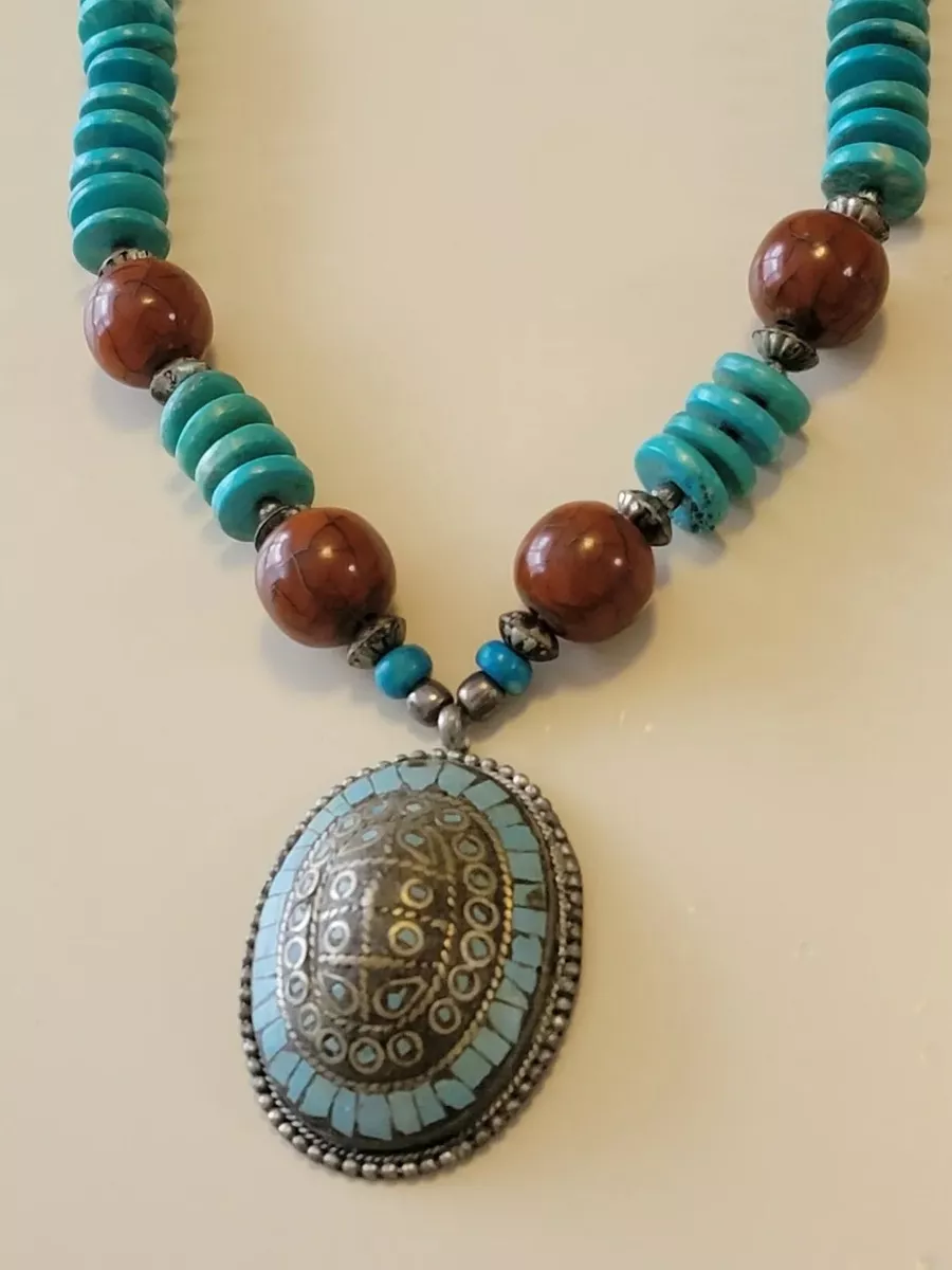 Vintage Tibetan Style Turtle Shell Faux Turquoise Bead Inlay Necklace Estate