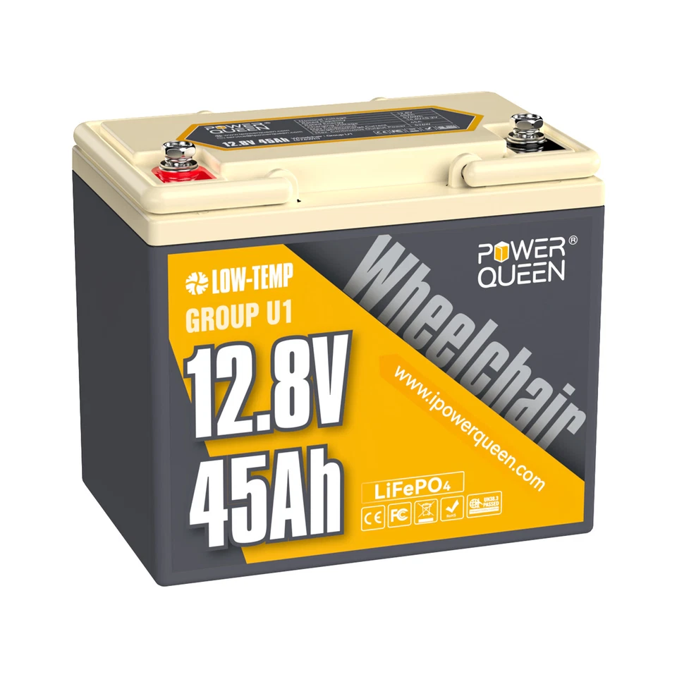 Batería de Litio Power Queen 12V 45Ah Grupo U1 LiFePO4 576Wh para Silla de Ruedas Foto 2 de 4
