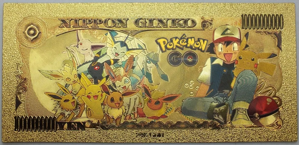 1pc Pokemon Eevee Japanese 10000 Yen Gold Banknote FREE Clear Protector