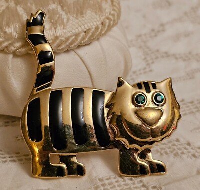 Vintage PL PIERRE LANG Vienna Gold Plated Black Enamel Cat Brooch Pin 1980's 