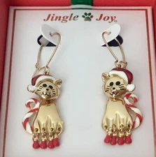 Jingle & Joy Christmas Kitty Cat With Santa Hat & Striped Tail Dangle Earrings