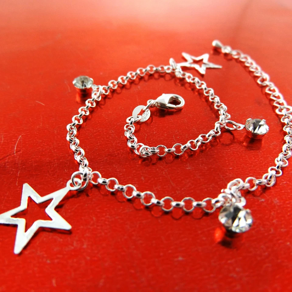 Pulseira Tornozeleira XL Real 925 Prata Esterlina P/F Feminina Design de Link de Estrela e Contas - Imagem 2 de 3