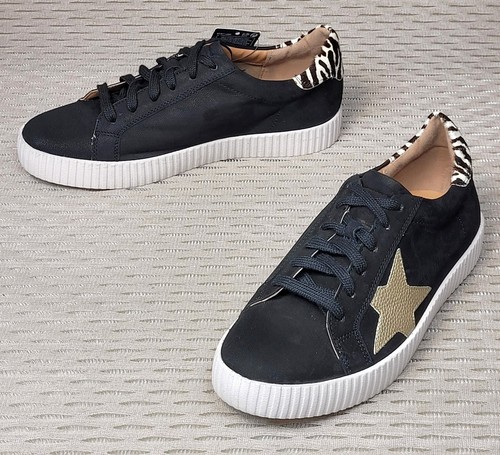 Entrenadores con cordones de cuero real para damas M&S ~ Talla 4,5 ~ NEGRO/DORADO - Imagen 2 de 6