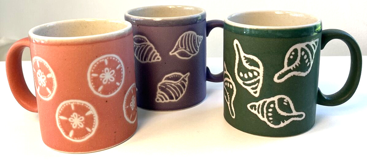 Otagiri VTG Seashells Mugs Stoneware Cups Coral Green Purple Set of 3 Made Japan
