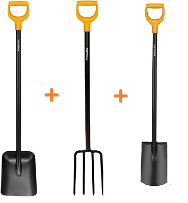 FISKARS SOLID Spatengabel 1003458 + Gartenschaufel 132403 + 131403 Rund Solid