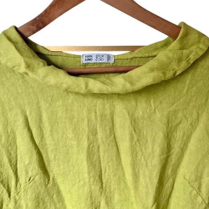 Vestido túnica de diseñador ITALIANO 100 % lino citrón con cuello y bolsillos talla mediana usado en excelente estado Foto 2 de 4