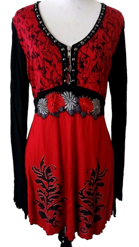 Krista Lee Long Sleeve Top Red Black Beaded V-Neck Floral Embroidered Zip Medium - Picture 3 of 19