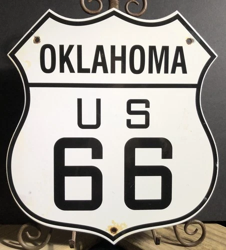 VINTAGE OKLAHOMA U.S. US ROUTE 66 PORCELAIN 13” ROAD HIGHWAY SIGN