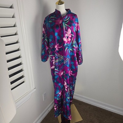 Valerie Stevens Vintage 80s 90s Floral Satin Caftan Maxi Jacquard Lounge Dress L