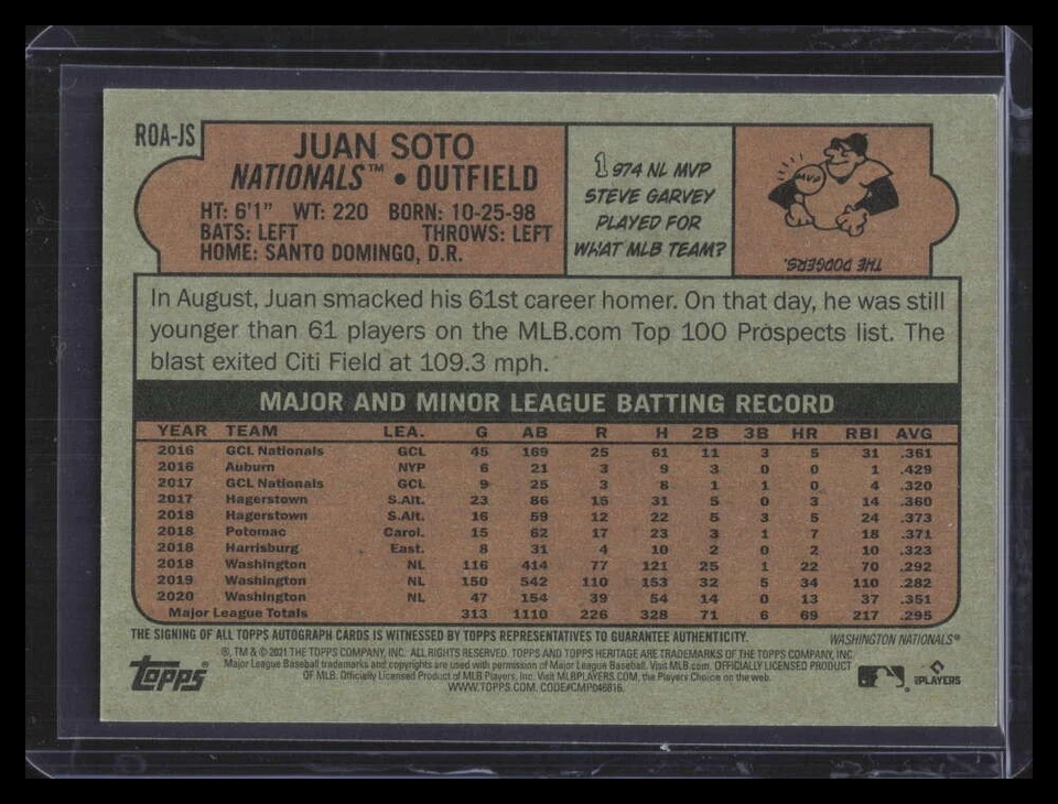 2021 Topps Heritage Real One Autographs ROAJS Juan Soto HN Auto High Number - Image 2 of 2