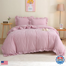 Silnuo Vintage Pink/White Plaid Ruffle 3-Piece Duvet Cover Set King Sizewashed