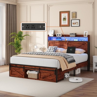 Full/Queen LED Platform Bed Frame with Storage Headboard & Footboard & USB Ports