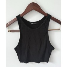 Zara Womans Black Basic Crew Neck Ribbed Knit Crop Tank Top Size Large Staple