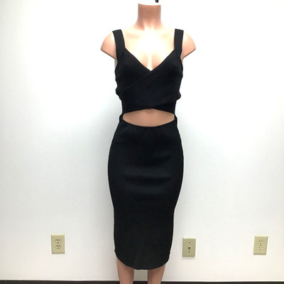 Alice + Olivia Black Lidia Twist Front Cut Out Stretch Ribbed Dress XL $465 New