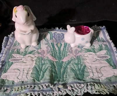 EASTER LOT BUNNY HOLDING BOOK /FLOWERS  SMALL BUNNY FLOWER POT /4 CLOTH  EASTER