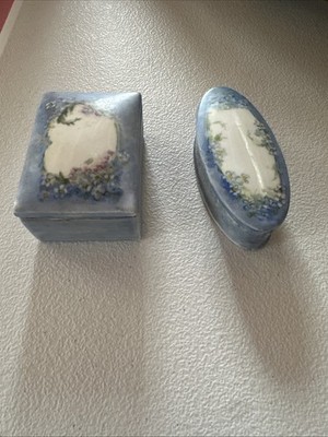 Weimar German Porcelain Trinket Boxes Matching Blue Floral Design