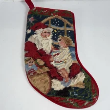 Vintage Christmas Mini Stocking Wool Needlepoint Santa Claus With Child On Lap