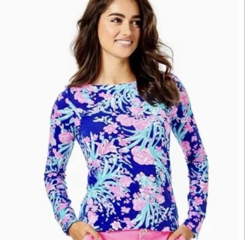 Lily Pulitzer sz S Tucan Long Sleeve Top Print Blues & Pinks Colorful Pullover 