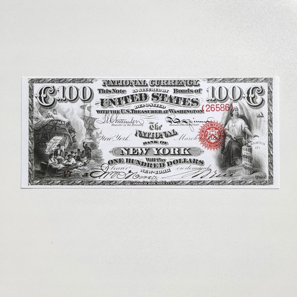 100 Dollars 1865 US New York National Currency Reproduction Banknote Fr US# 452 - Image 3 of 4